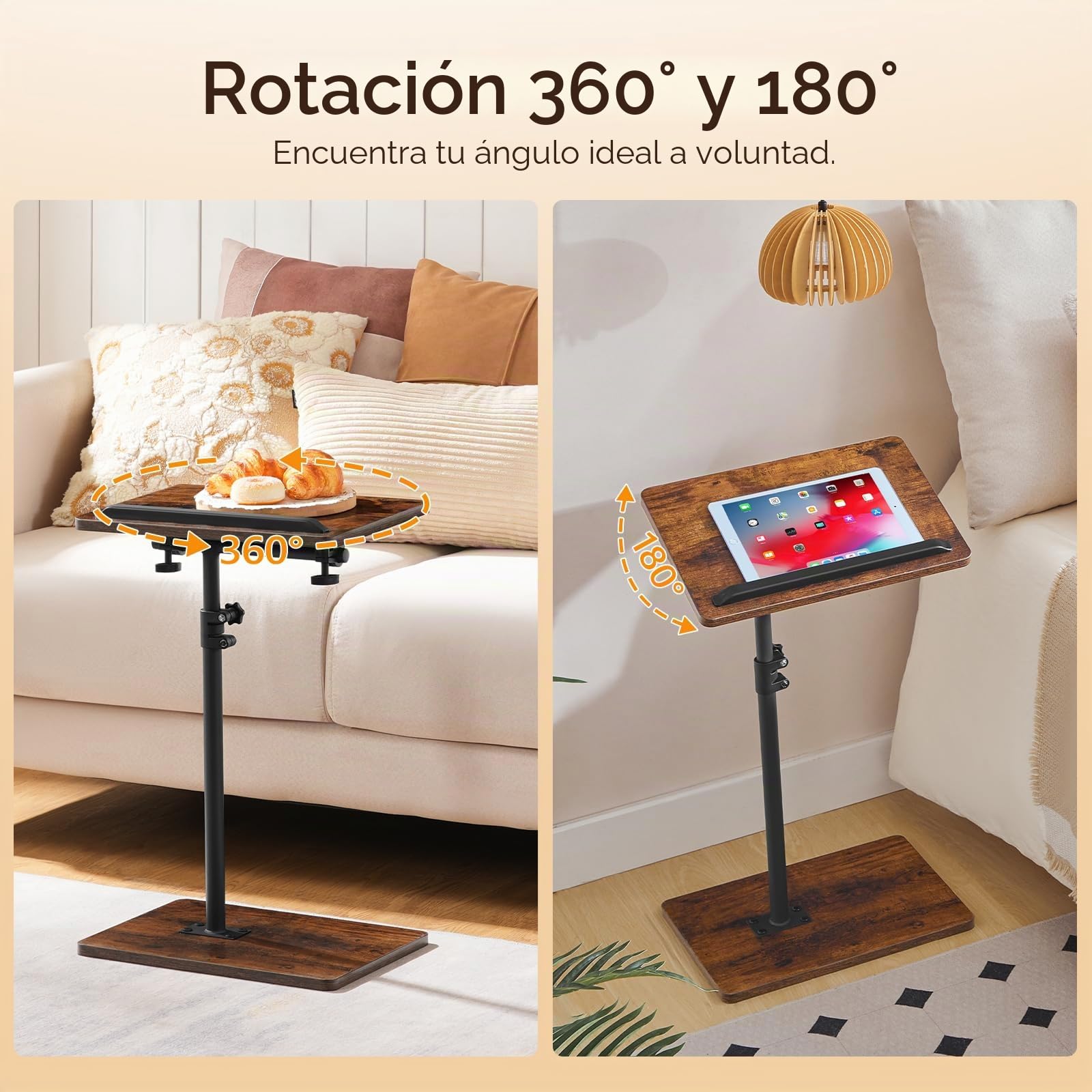 MAHANCRIS Mesa Auxiliar Giratoria 360º y Regulable en Altura, Mesita de Centro en Forma de C, Mesilla de Noche, con Tope para Teléfonos Móviles y Tabletas, para Salón, Sofá, Marrón Vintage AETRB4501