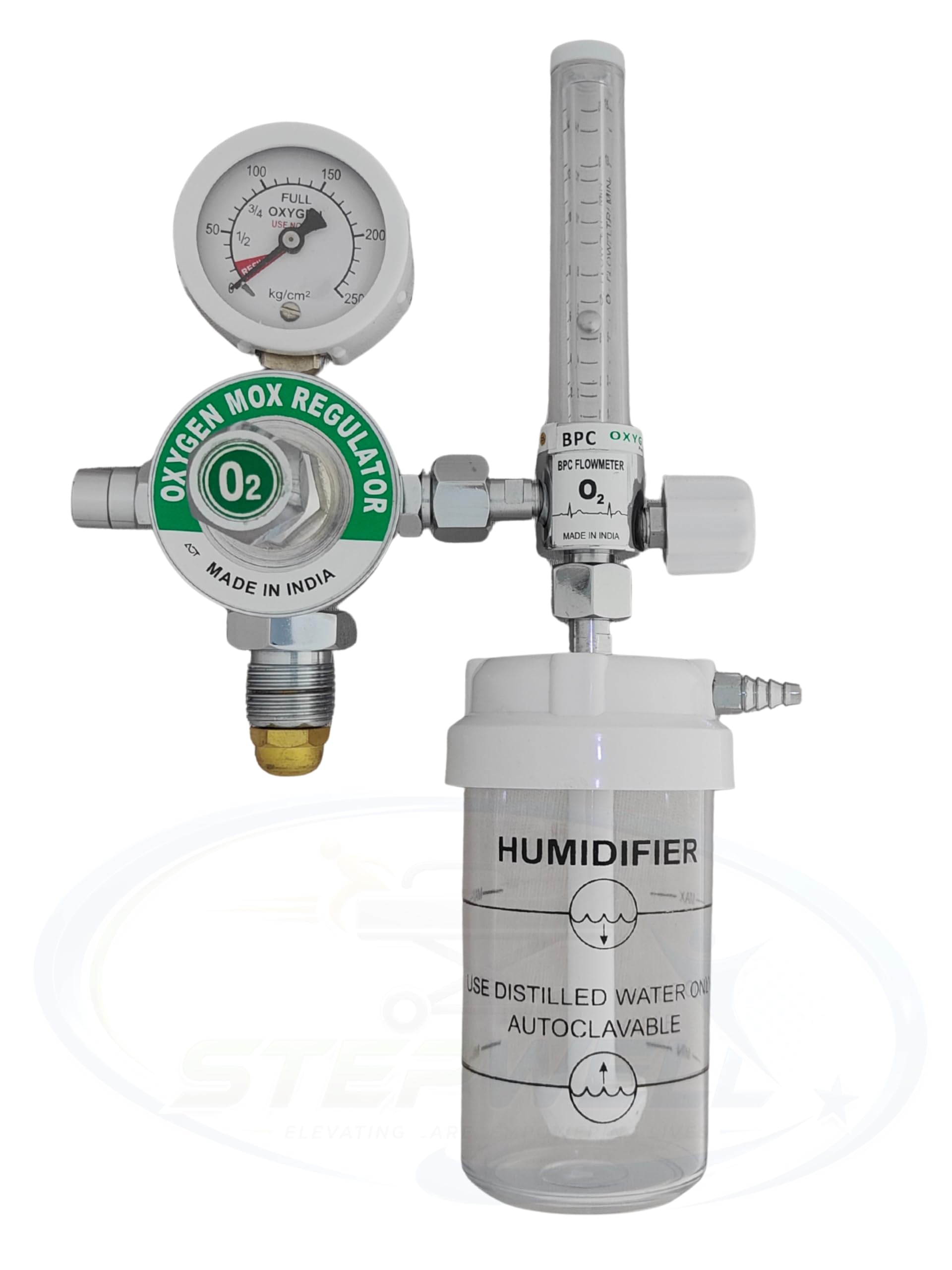 STEPWELL Single Gauge Single Stage Medical Oxygen (O2) Gas Regulator (MOX Regulator) with BPC Flow Meter for hospitals, clinics & home use-image-1
