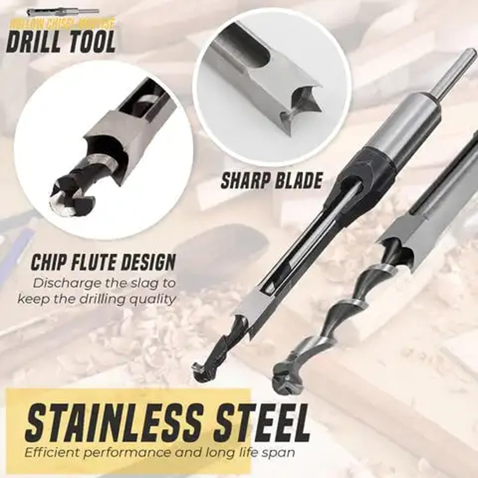 5PCS Hollow Chisel Mortise Drill Tool, Square Hole Drill Bit Tools Set - 1/4" 5/16" 3/8" 7/16" 1/2"
