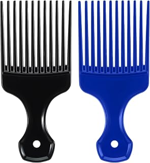 2 Pcs Hair Pick Comb Wide Tooth Lift for Hair Styling Detangling Plastic Afro Comb for Women Men (Black, Blue)