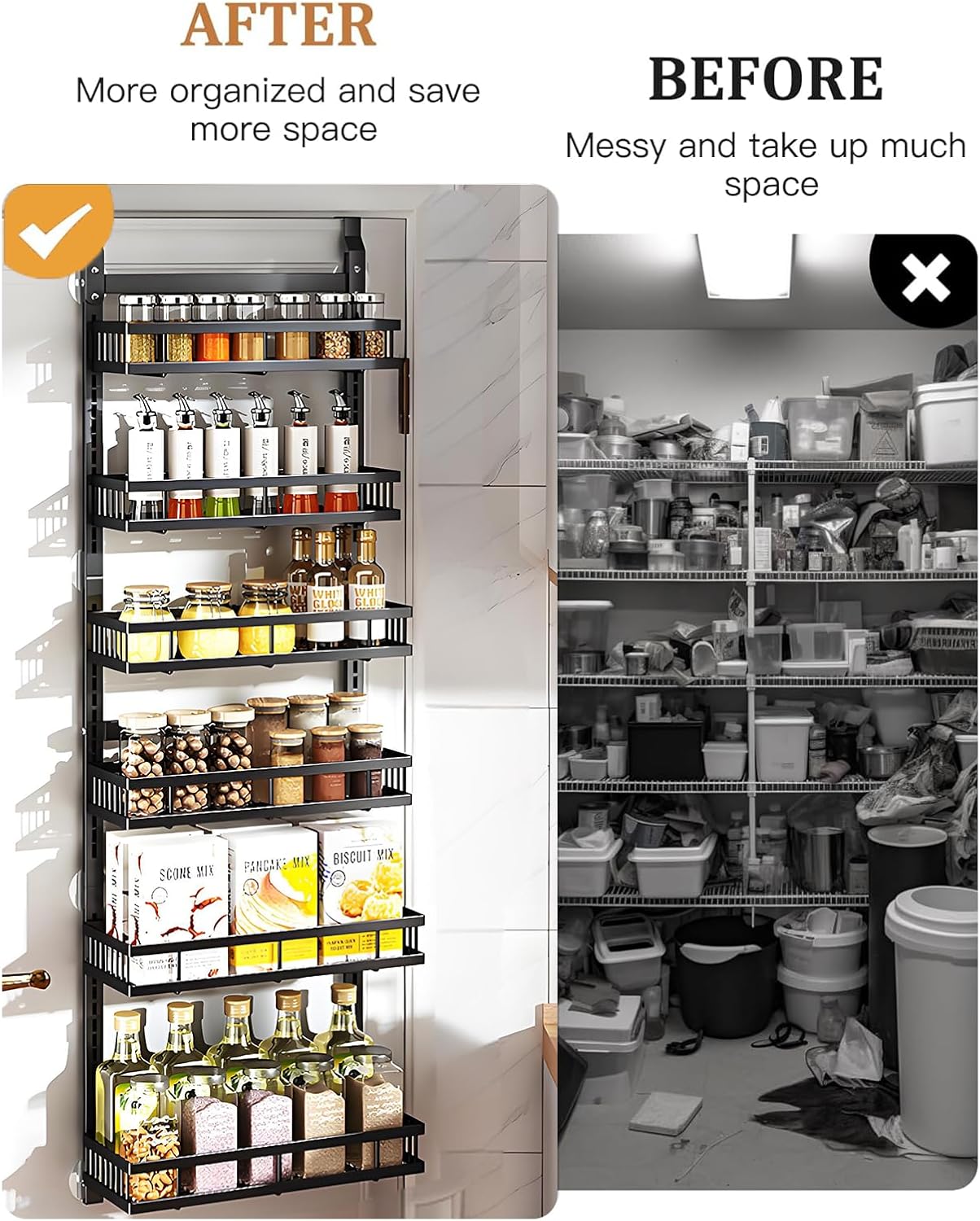 6-story door mounted cutlery storage rack, large metal door seasoning rack with adjustable basket, 2-in-1 wall mounted kitchen cutlery door storage rack, black