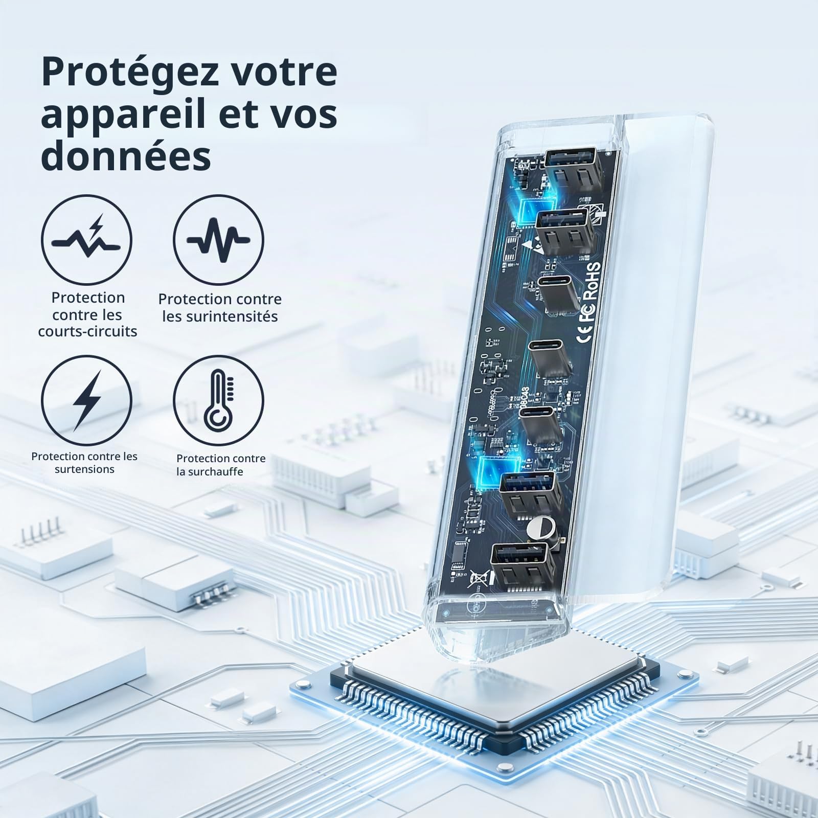 7 Port USB C Hub avec Alimentation, USB 3.2 Gen 2, 10gbit / s Fast Data Hub, Spliners d'extension en Aluminium Complet avec Alimentation 5V 3A, 3 Ports USB-C et 4 Ports USB-A