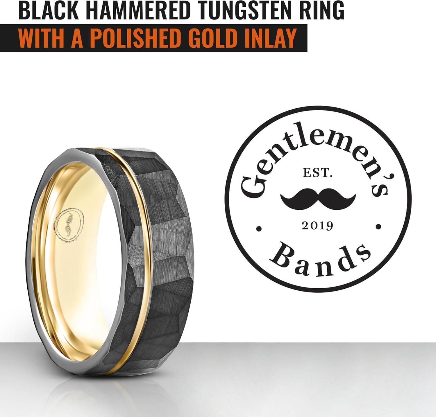 Gentlemen's Bands 8mm Black Hammered Tungsten Men’s Wedding Band With Thin Gold Strip and Gold Interior | Engagement, Promise Ring For Men | Includes Silicone Band, Walnut Box, Leather Pouch Set,