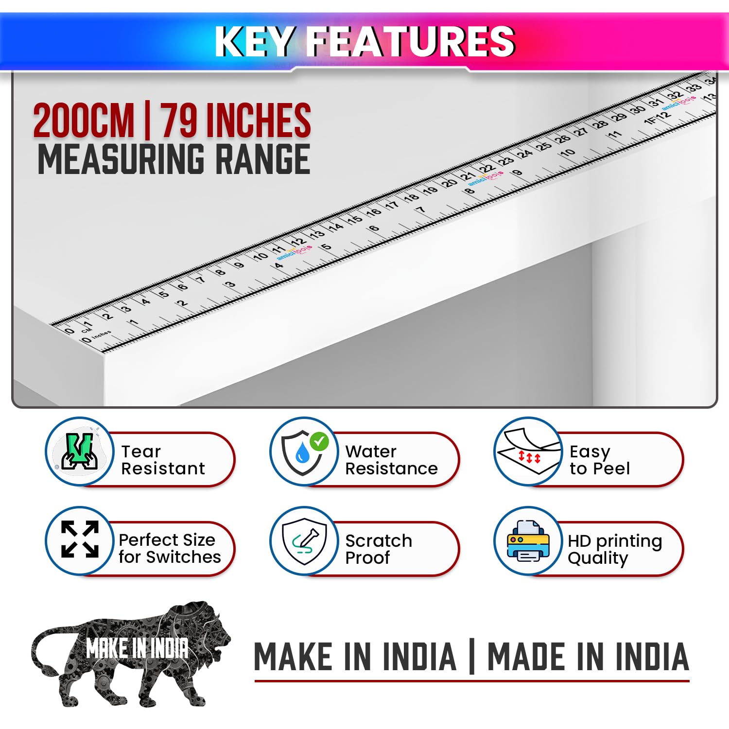 amiciTools Self-Adhesive Height Measuring Tape Ruler 200 cm / 79 Inch – Peel & Stick Growth Chart for Kids Height Measurement, Wall Mounted Measuring Scale for Home, School & DIY Use (Pack of 2) - Image 3 thumbnail