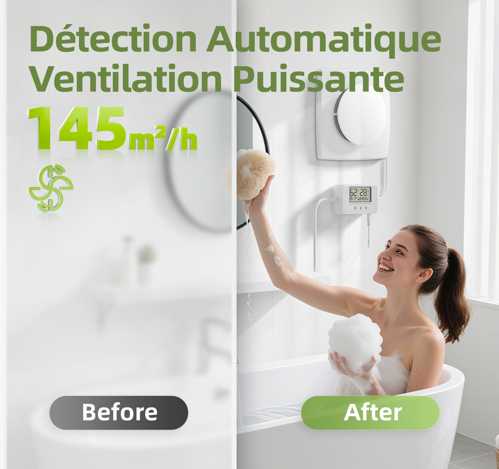 Ventilateur Extracteur d’air 100mm 5 Modes, 3 Vitesses, Télécommande, Affichage Température Humidité en Temps Réel, VMC Salle de Bain Hygroréglable, Silencieux et Puissant Aérateur dAir QU119