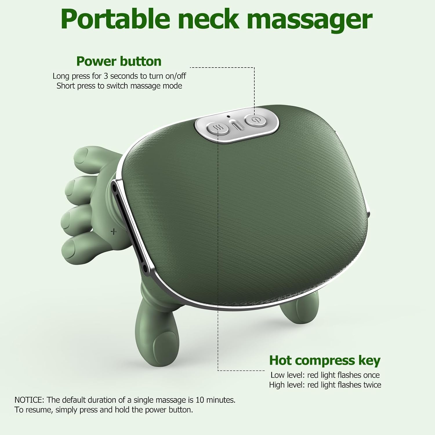 HZD Neck and Shoulder Massager with Heat, 2026 Upgraded 4D Bionic Hand-Simulated Kneading Massager for Back Relaxation, Wireless Portable with Ergonomic Shell Design (Green)