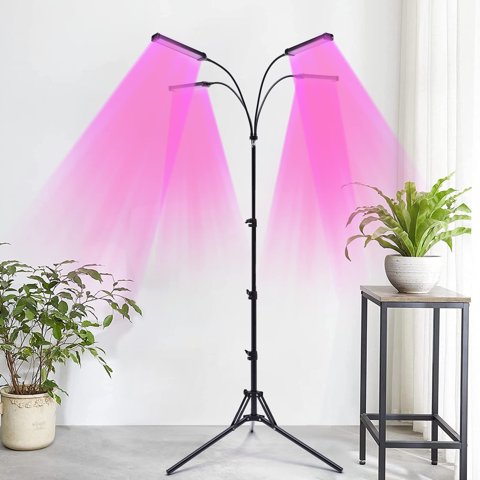 Lampe LED à spectre complet, 4 têtes avec trépied, 30 W, 420 LED, avec minuterie, 10 niveaux de luminosité et 4 modes, pour plantes d'intérieur, hydroponie, serre
