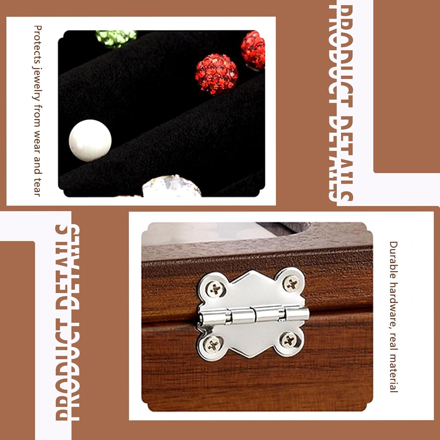 Grande boîte à bijoux vintage en noyer noir, 6 compartiments, pour colliers et bagues. Cadeau pour femme.