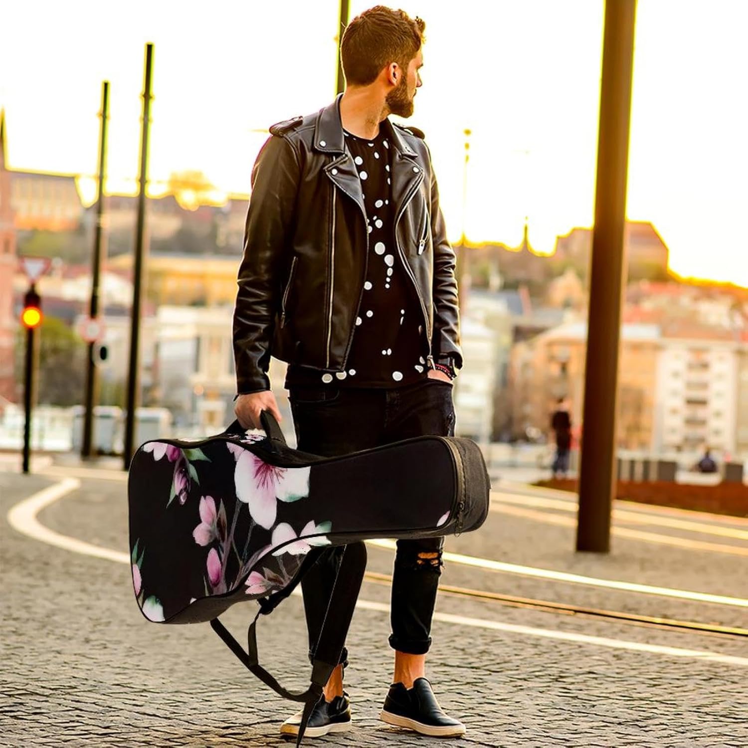 Artistic Cherry Blossoms Guitar Bag 40 41 42 In 2 Pockets Guitar Case Waterproof Guitar Case Resistent Oxford Cloth 0.4 In Extra Thick Sponge Padded for Acoustic Guitar