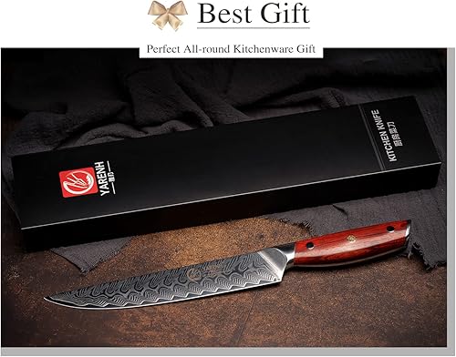 Miniatura 6 de YARENH Cuchillo para rebanar de 8 pulgadas, cuchillo de chef de Damasco, acero de 67 capas, hoja ultra afilada, borde duradero, resistente al óxido,