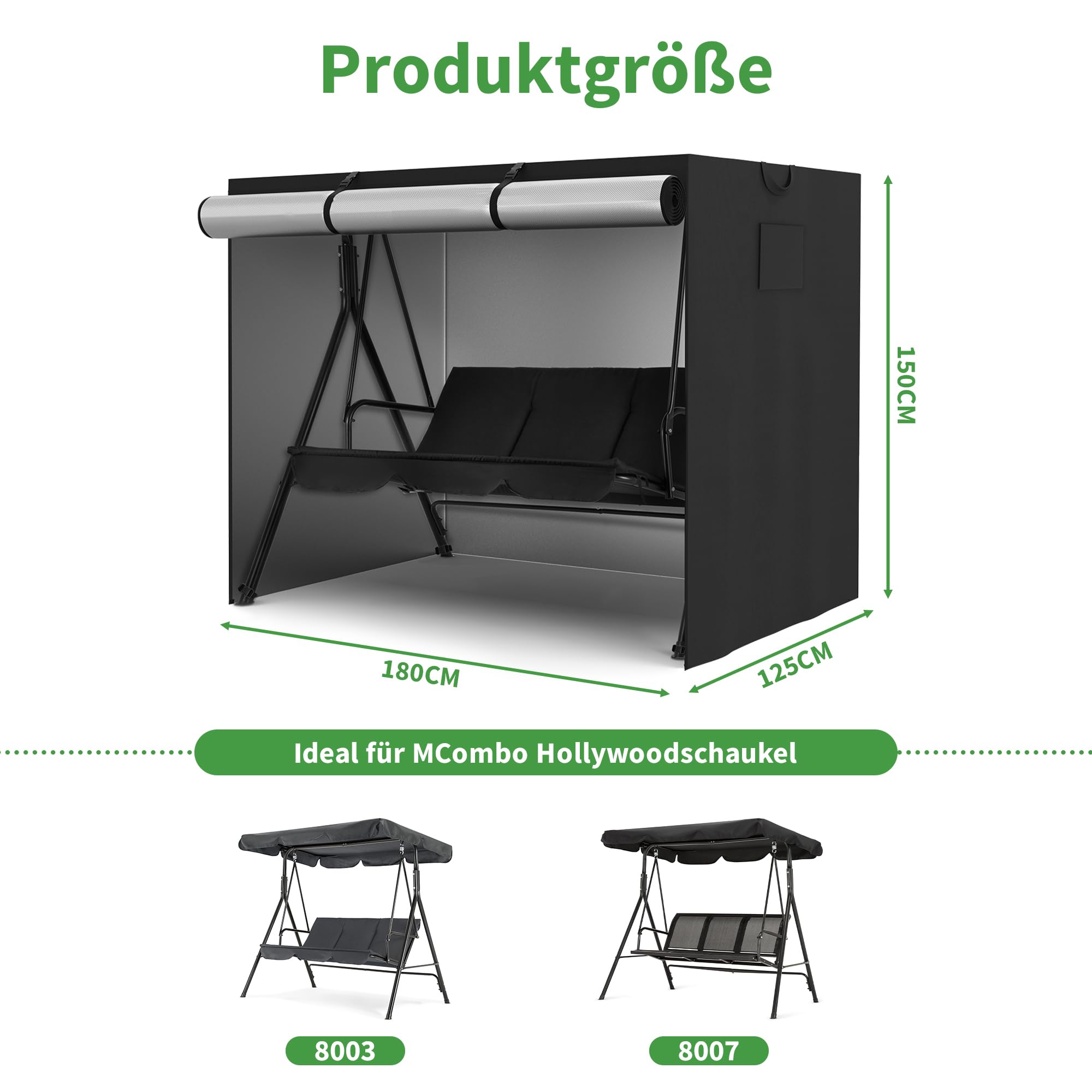 MCombo M Copertura per dondolo hollywoodiano a 2-3 posti, telo impermeabile e resistente ai raggi UV per dondolo da giardino 8003 8007, 180x125x150 cm, 4001 (Oxford, nero)
