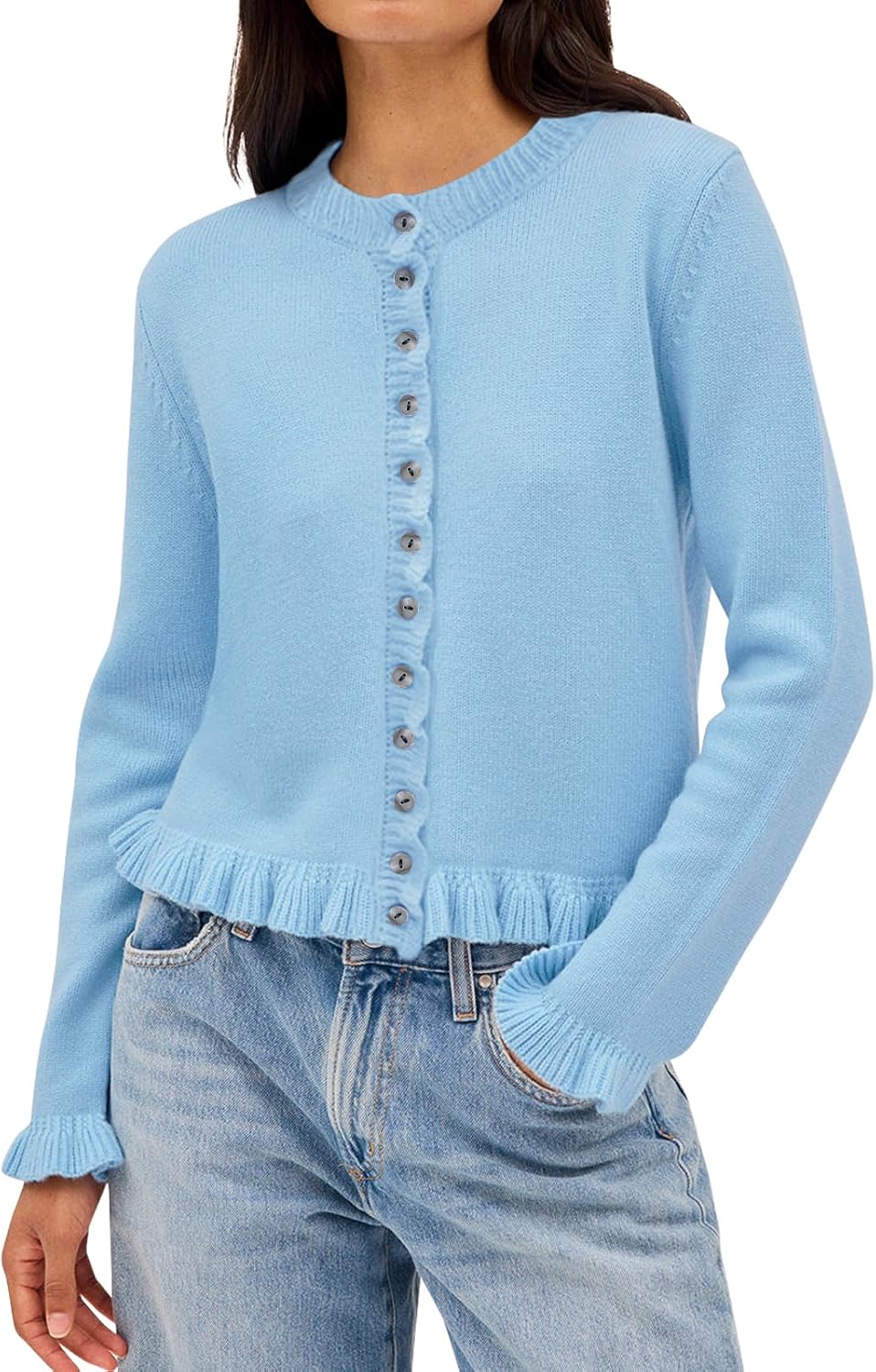 Balimtoy Womens Cropped Ruffle Cardigan Lightweight Crewneck Long Sleeve Button Down Cotton Fall Sweaters Cute Knit Top