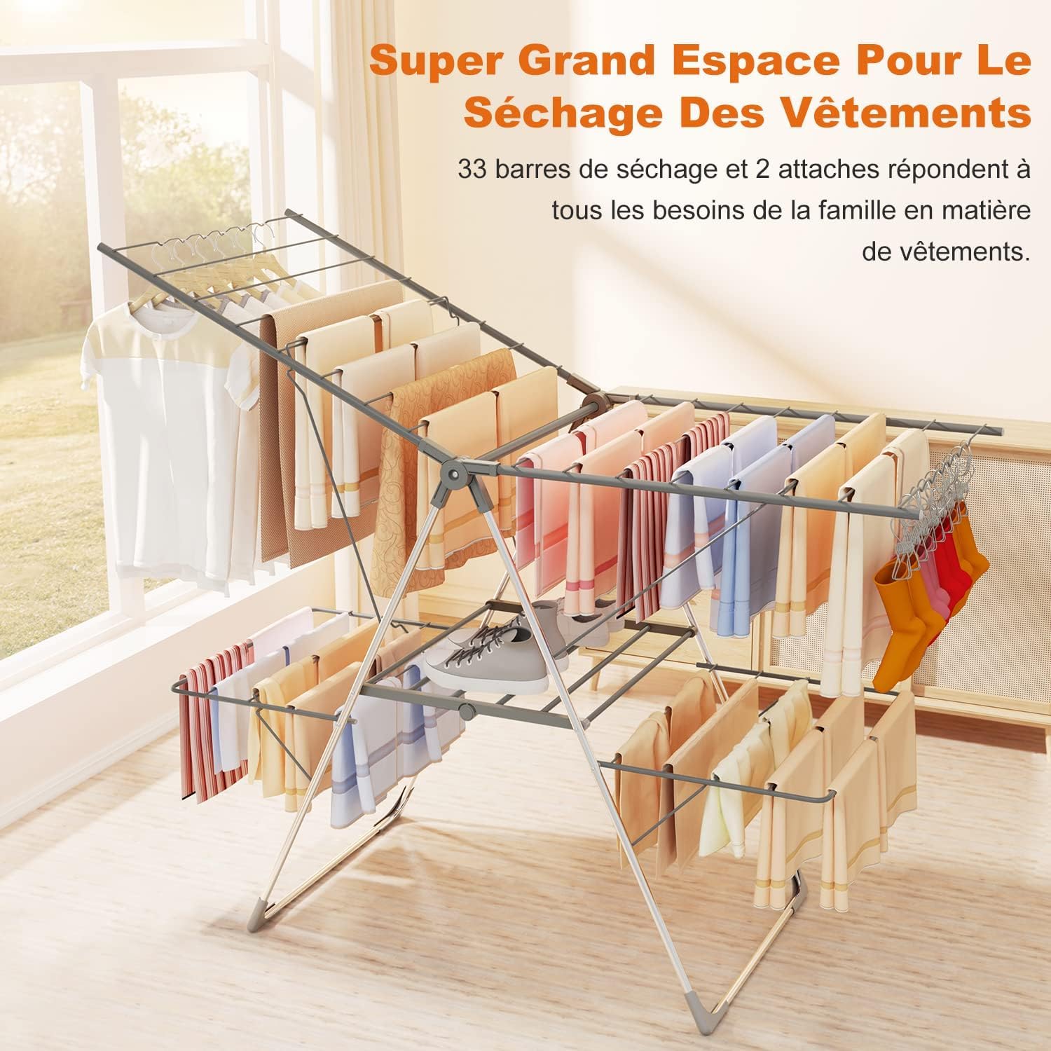 Innotic Étendoir Linge Intérieur Extérieur, Séchoir à Linge Pliable à 2 Niveaux, 4 Ailes Réglables en Hauteur, 3 Secondes Déplier ou Plier, Acier Inoxydable Tancarville XXL, 33 Rails, Gris