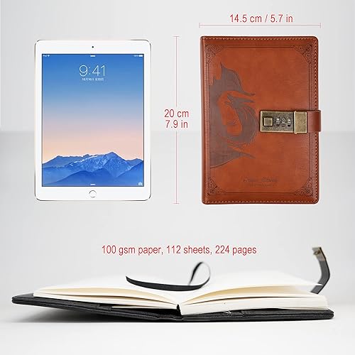Vista 74 de Dragon - Diario de cuero, cuaderno de tapa dura, diario recargable con cerradura, diario de escritura en papel en línea/en blanco con cerradura