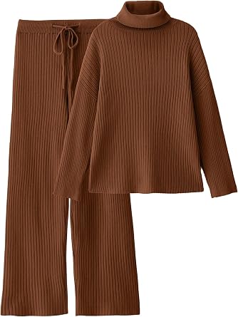 LILLUSORY Women's 2 Piece Outfits Turtleneck Sweaters Lounge Set and Wide Leg Pants Cozy Knit Sweatsuit Sets