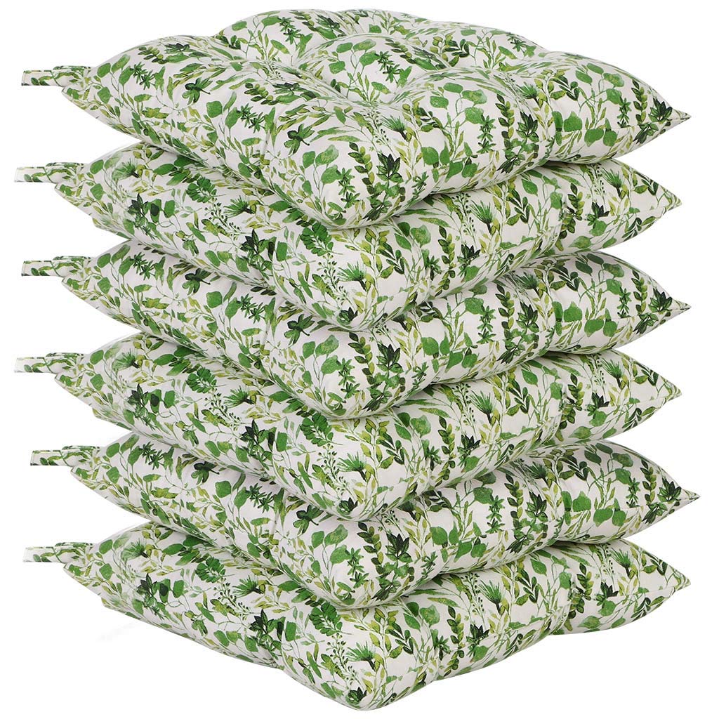 Dibor Dining Chair Seat Pad Set - 6 Tie On Chair Cushions (Green Leaves)