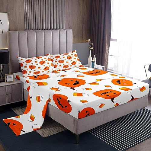 Erosebridal Juego de sábana bajera ajustable de Halloween para niños y niñas, juego de ropa de cama con estampado de calabaza de maíz de caramelo,