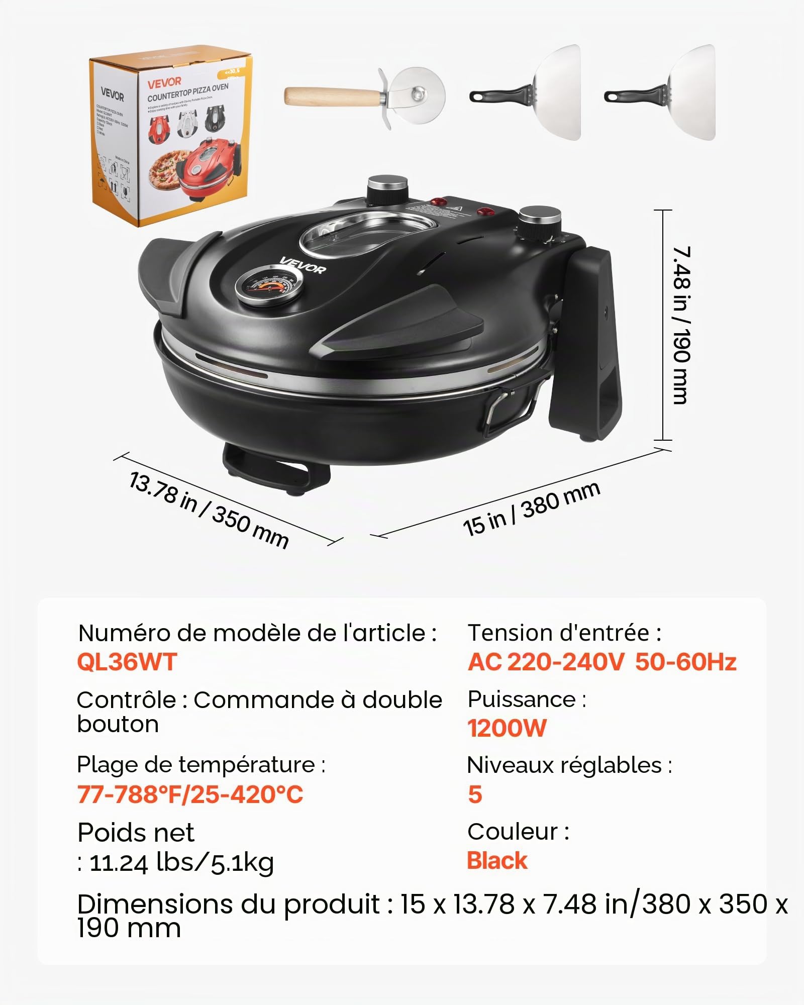 VEVOR Four à Pizza Électrique 305 mm, Cuiseur à Pizza 1200 W, avec Pierre en Cordiérite, 5 Modes de Contrôle de la Température, Hublot pour Une Cuisson Précise, Chauffe jusqu'à 420 °C, Maison Noir