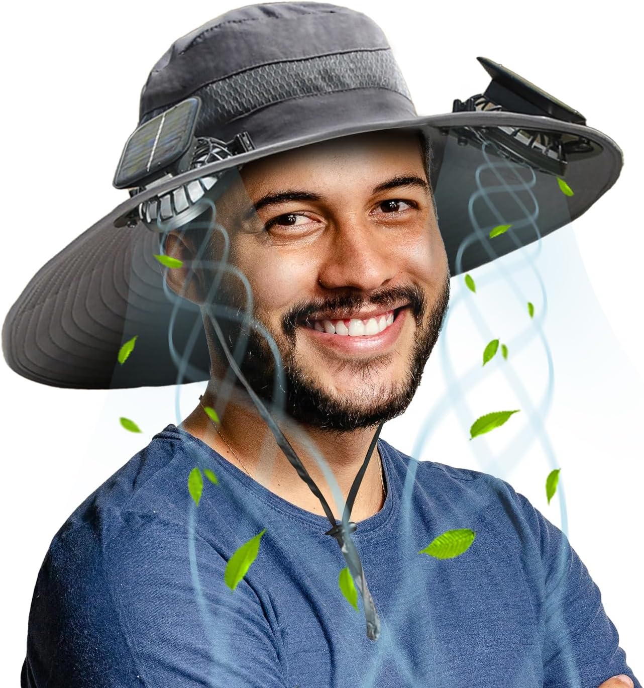 Solar Fan Sun Hat, Widen Brim Outdoor Fishing Men Hat with 2 Fans, Adjsutable 180°Rotating Cooling UPF 50+