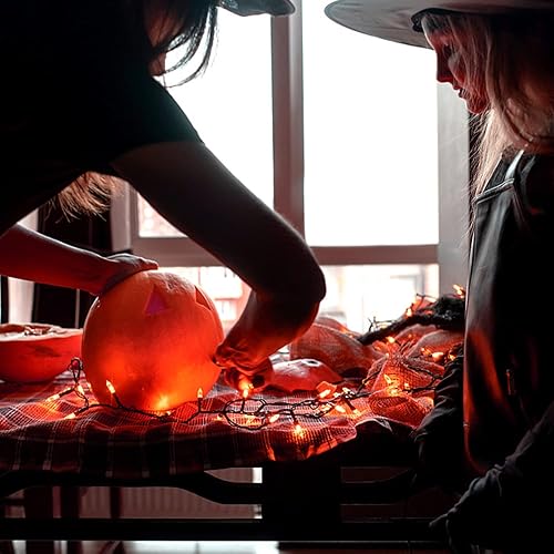 Miniatura 8 de JMEXSUSS Guirnalda de luces LED naranja de Halloween y luces de red para exteriores, cable transparente, 8 modos, impermeable, guirnalda de luces de