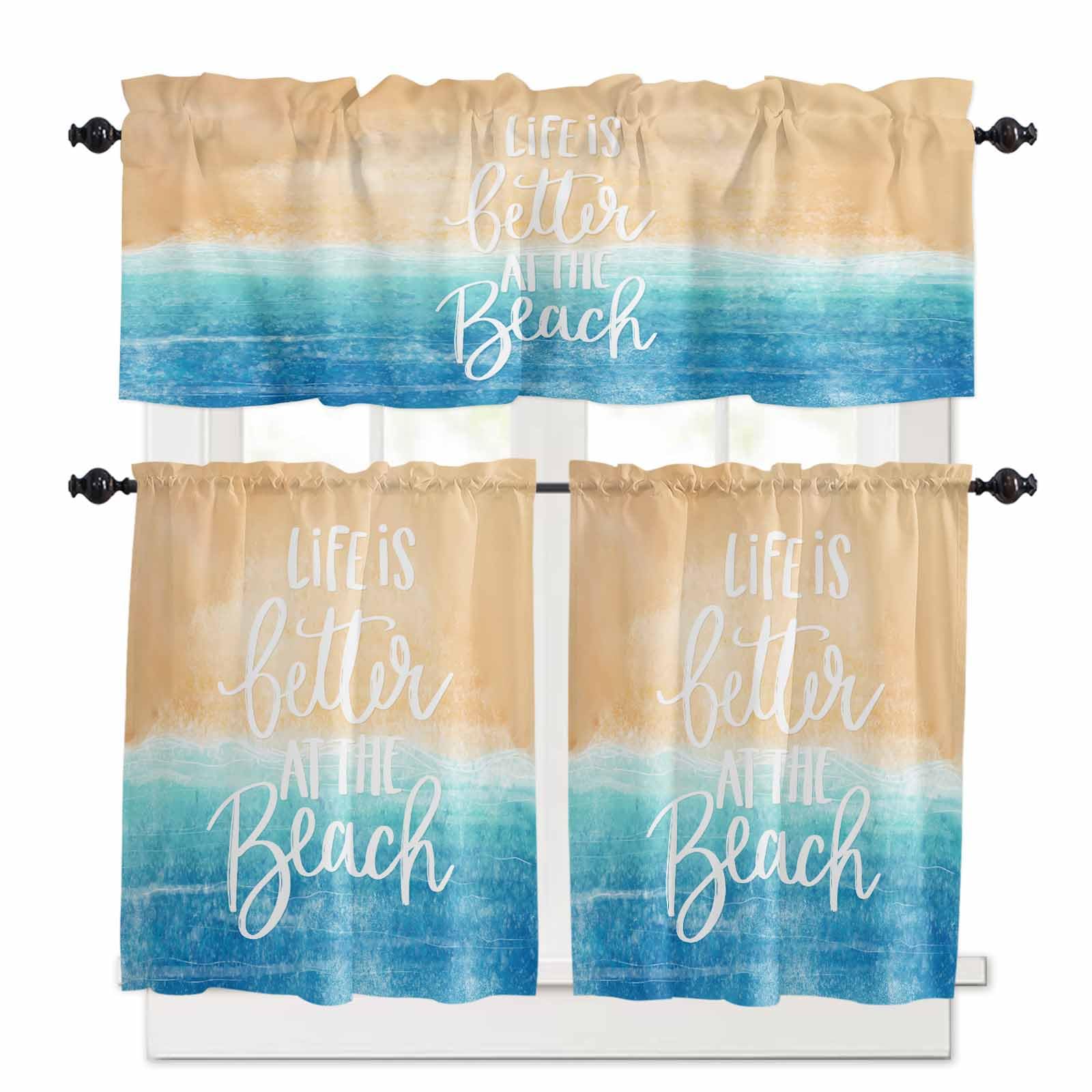 Blue Coastal Kitchen Curtains 36 Inch Length, 3 Piece Rod Pocket Small Half Tiers and Valance Set, Life is Better at The Beach Beach Small Large Window Treatment Decor for Bedroom/Bathroom Sink