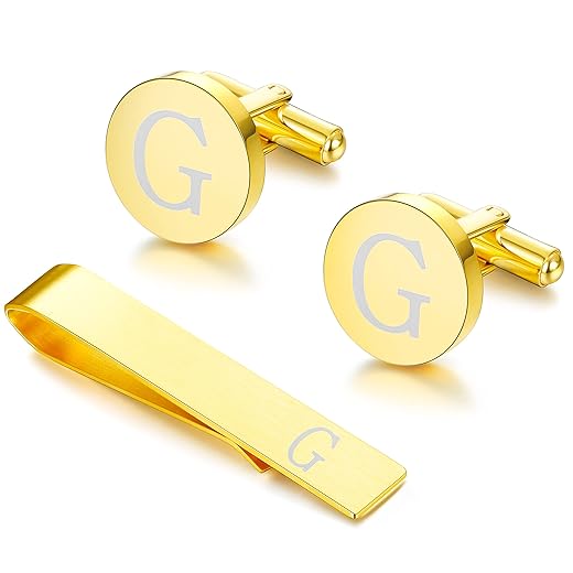 LOYALLOOK Black Initial Cufflinks and Tie Clip Set for Men Personalized Copper Cuff links and Tie Bar Letter Alphabet A-Z Gift for Father Husband Valentine Gifts for Men