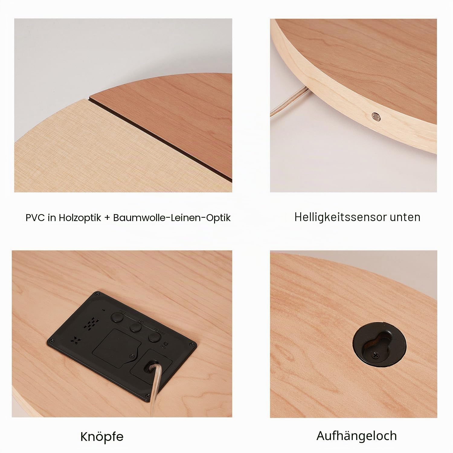 Elektronische Wanduhr mit Automatisch Dimmen Stille LED Großanzeige Holz Rund 12/24 Stunden Schalter Hängend Plug-in für Zuhause Wohnzimmer Büro