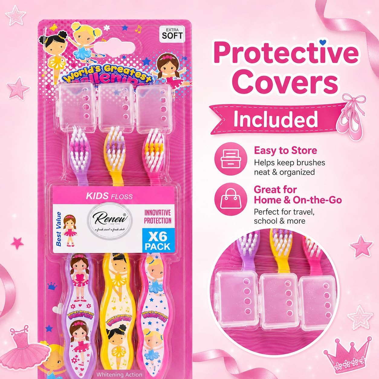 Renew The Life Kids Toothbrush - Greatest Ballerina, Soft Bristle Manual Travel Tooth Brush with Caps for Boys & Girls, Extra Soft, 3 Pack