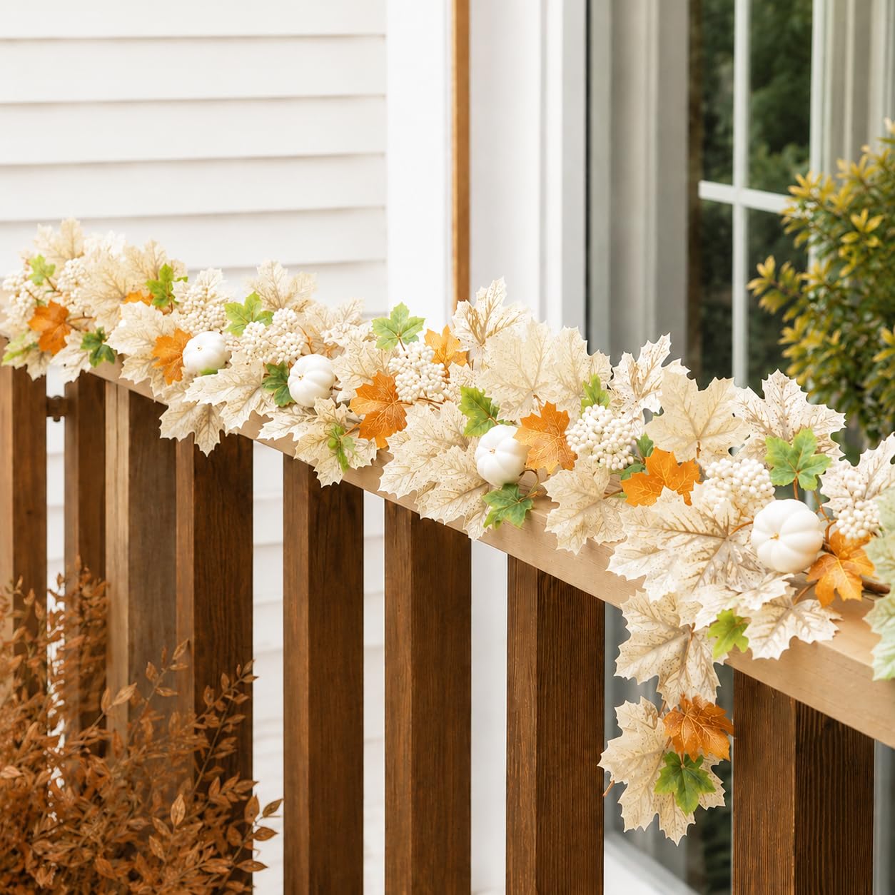 2 Pack Autumn Garland with Pumpkins, Fall Leaves Garland with White Maple Leaves and Berries 175 cm Garlands for Home Decoration Fireplace Mantel Staircase Doorway Halloween Thanksgiving Decor