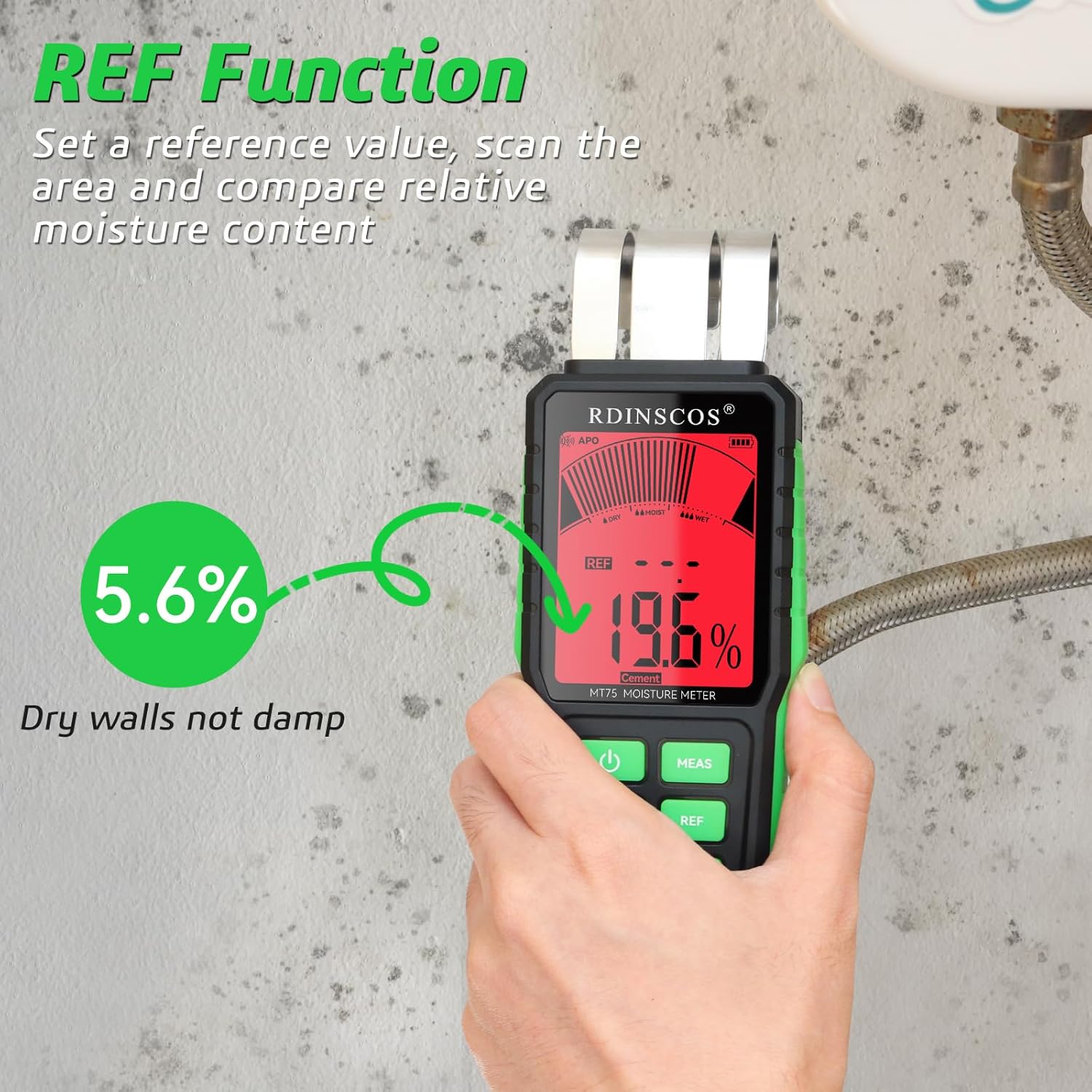 RDINSCOS MT75 moisture meter displaying REF function, comparing a dry wall reading of 5.6% to a damp wall reading of 19.6%.