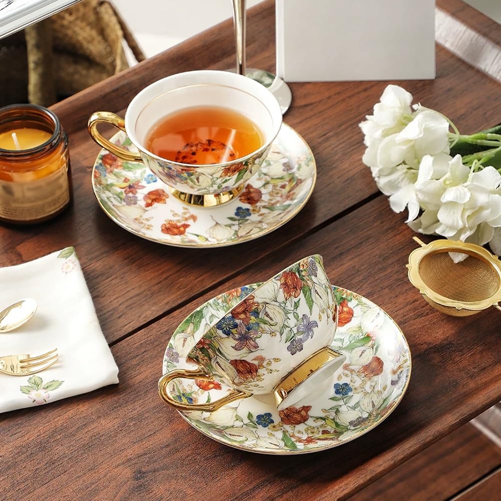 Zestaw filiżanek do kawy i spodków - Zestaw filiżanek do espresso Fine Bone China, Zestaw ceramicznych filiżanek do herbaty z opakowaniem prezentowym