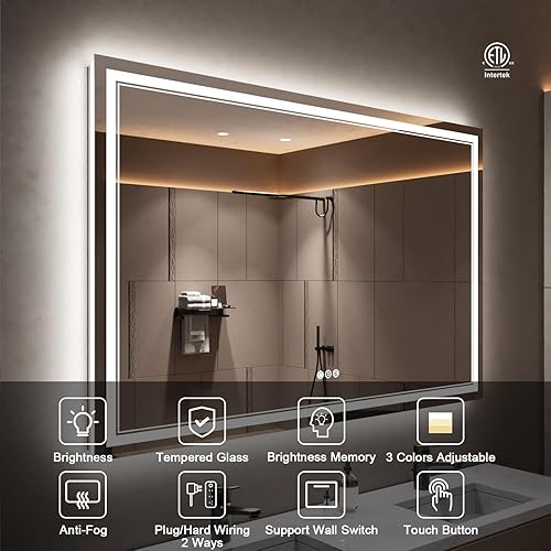 Miniatura 2 de Espejo de baño LED de 55 x 36 pulgadas con luces, retroiluminado y frontal iluminado para pared, espejo de tocador LED antiempañamiento regulable