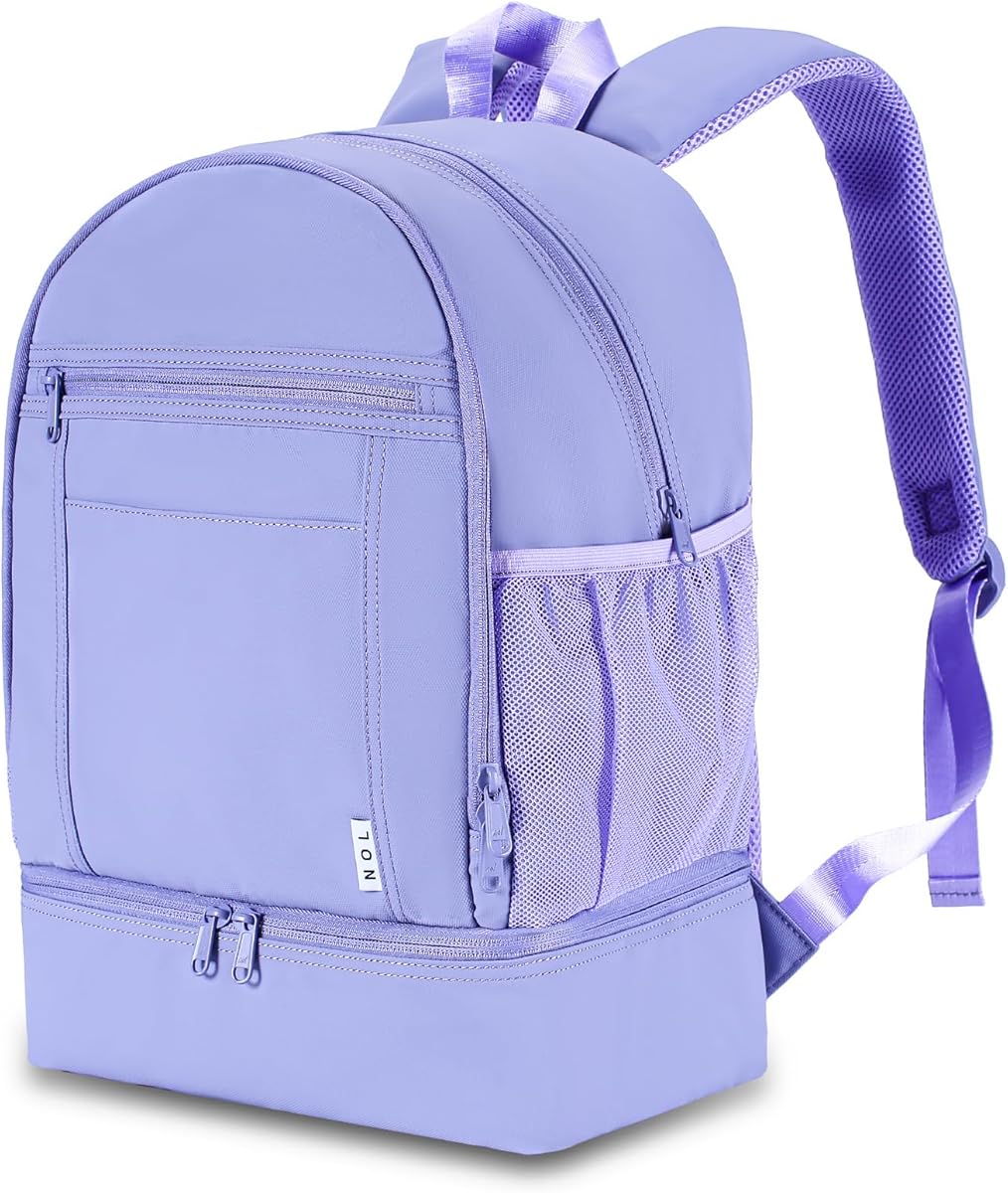 NOL Natural Organic Lifestyle Kids 2-in-1 Backpack & Insulated Lunch Bag-16"Multi-Functional Large Compartments Backpack for School & Travel, Double Deck,Water Resistant,Leak-proof,Padded-Light purple