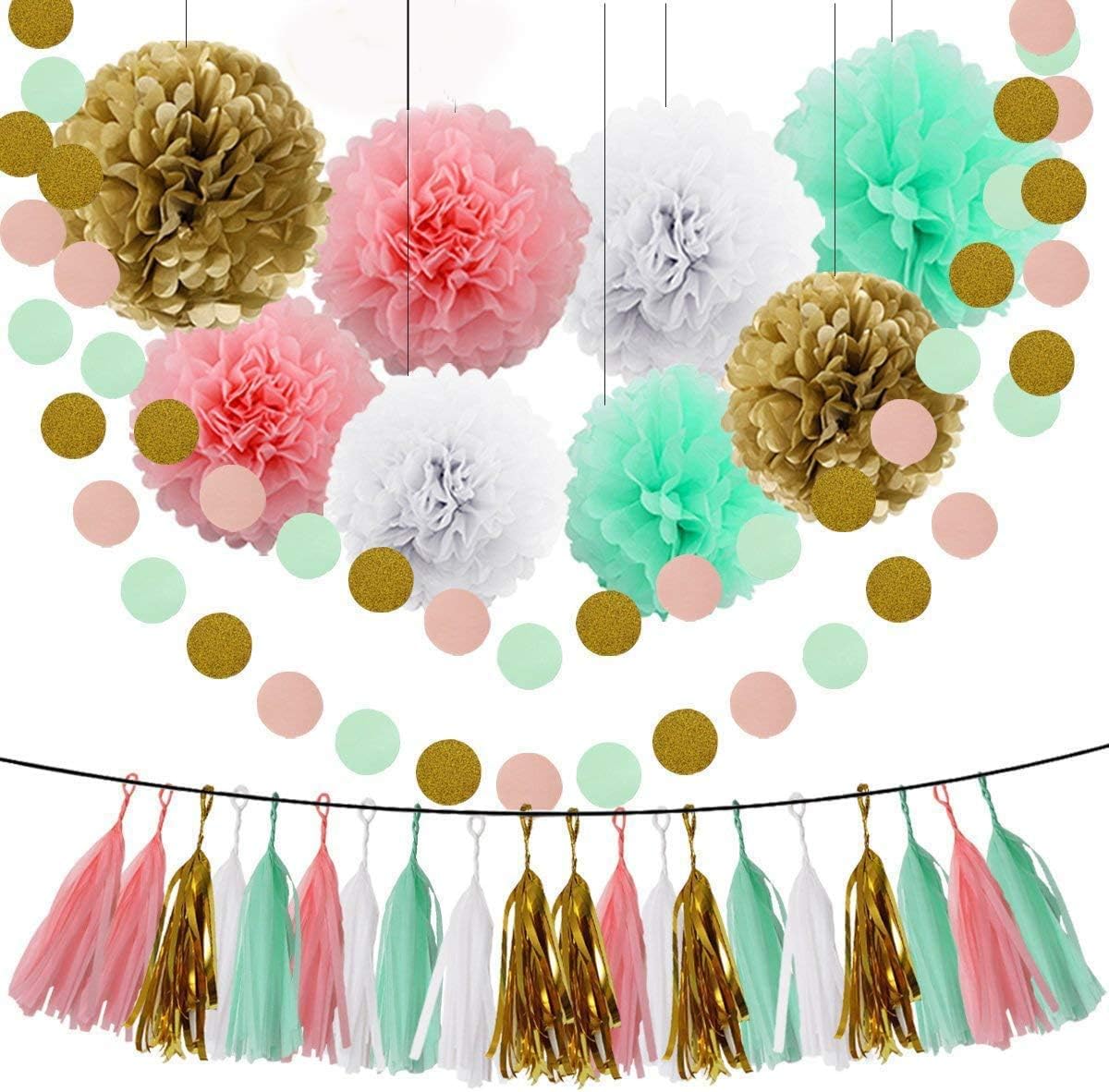 HEARTFEEL Bridal Shower Decorations Mint Baby Pink White Gold Tissue Pom Poms Paper Flowers Ball Tassel Garland Best for Mint Theme Party Decorations Birthday Baby Shower Wedding Nursery Decoration