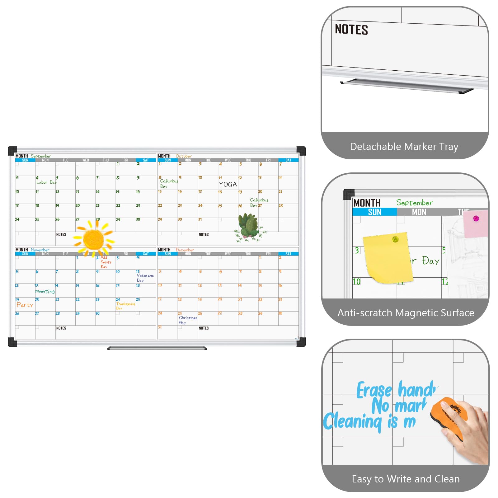 XBoard Calendar Whiteboard 36" x 24", 4 Months Calendar Dry