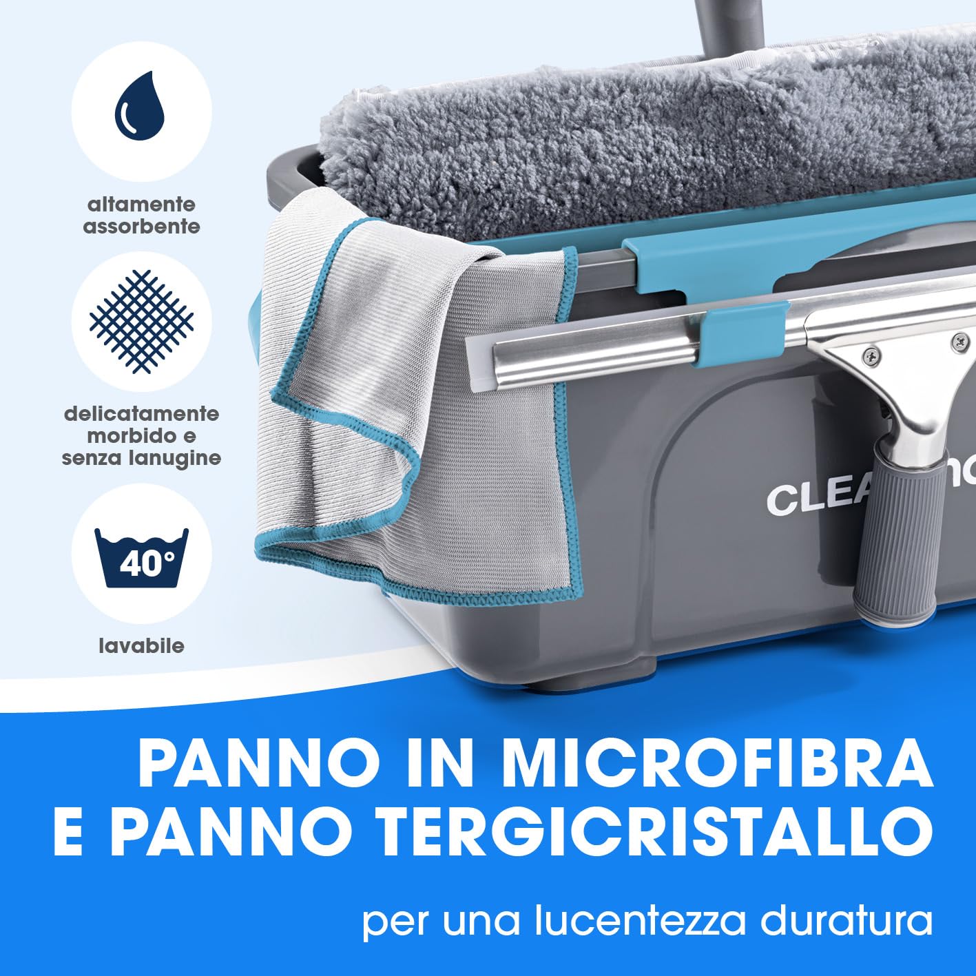CLEANmaxx Set de Nettoyage Simple et Efficace pour des vitres de la Maison | Comprend Une raclette, Une Brosse, Un nettoyant, Un Chiffon, Un Seau et 2 Fixations pour la Brosse et la raclette [Bleu]