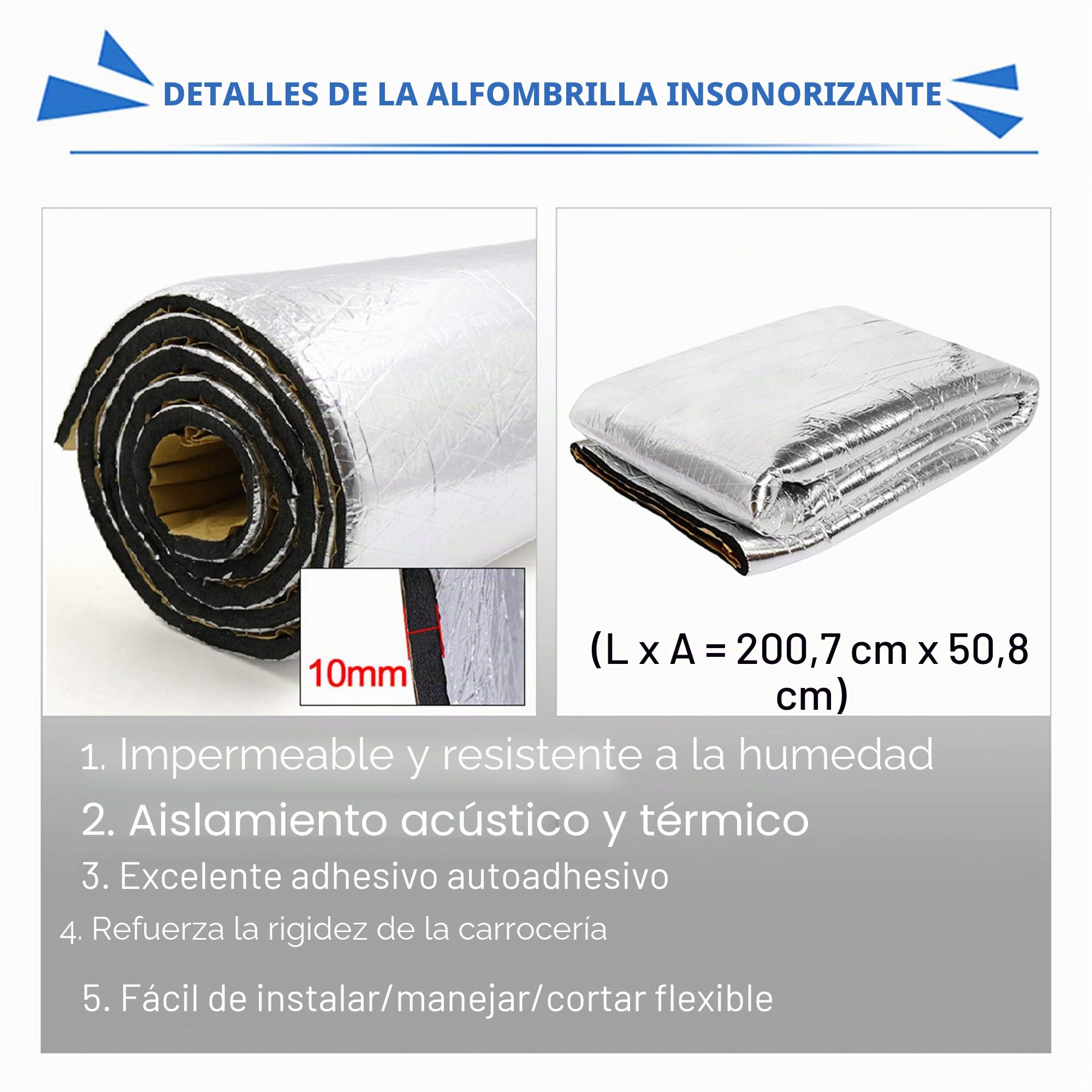sourcing map 200cm x 50cm Vehículo Insonorizante Forro Aluminio Papel Adhesivo 10mm de Espesor Espuma Aislante de Calor Aislamiento Térmico Acústico Amortiguación de Sonido 1㎡