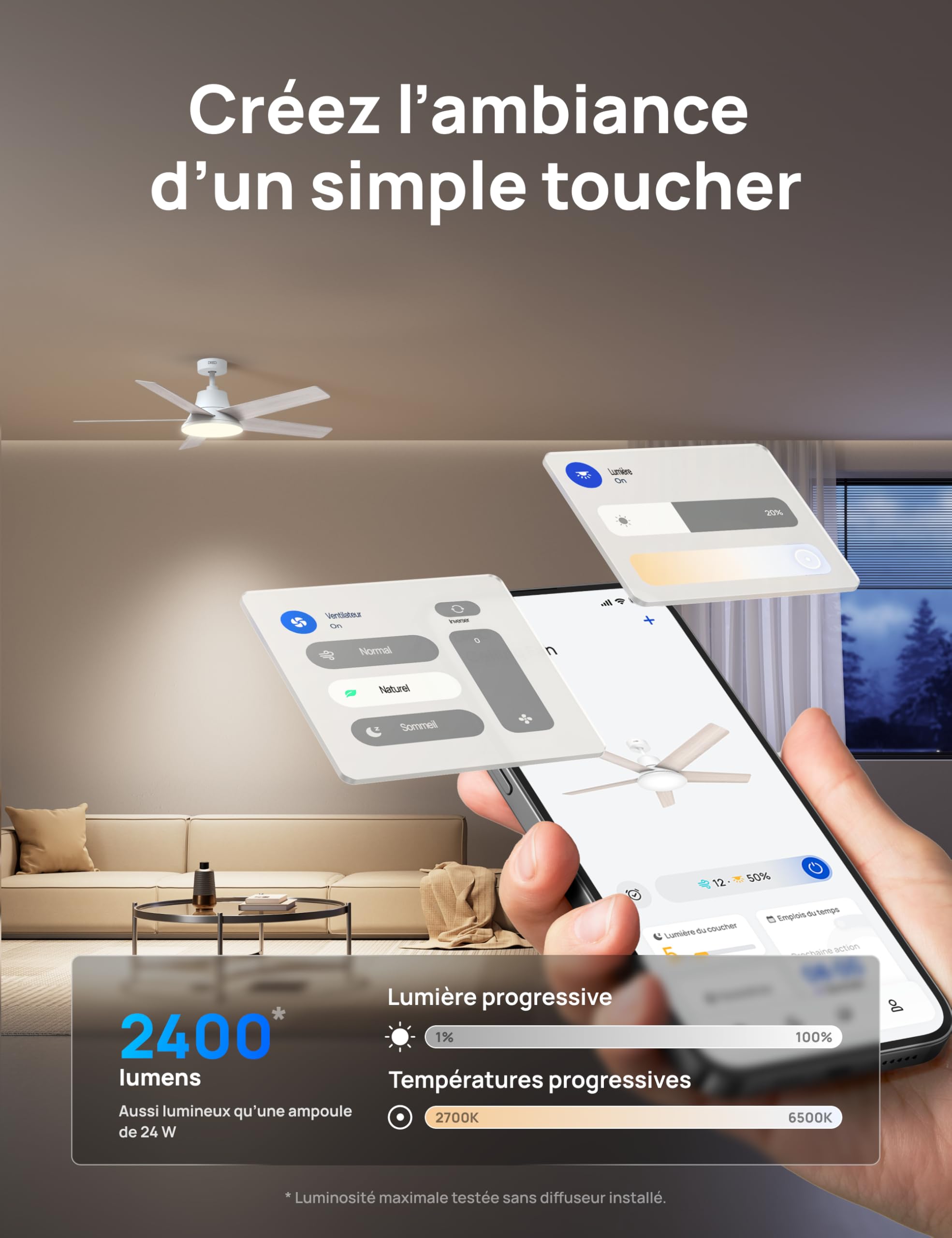 DREO ventilateur de plafond intelligent 132cm LED dimmable 12 vitesses moteur DC silencieux télécommande APP Alexa blanc
