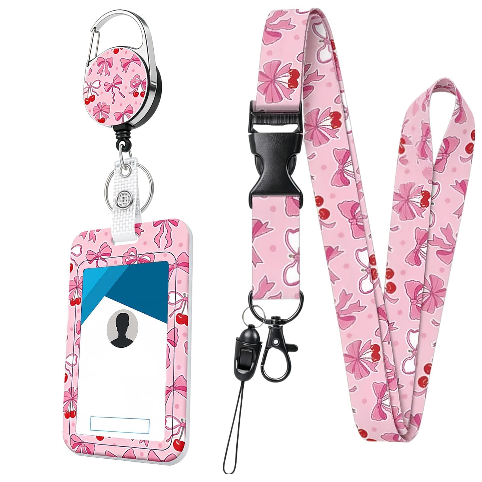 1 PCS Retractable Lanyard with Card Holder, Bow Pink Lanyard Card Holders, Id Badge Holders with Sliding Cover Teacher Lanyards with Id Holder Staff Lanyards for Worker