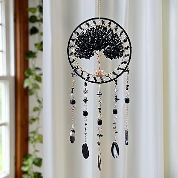 Tree Life Dream Catcher and Sun Catcher, Handmade Healing Crystal Boho Window Hanging for Home Decor, Rainbow Maker Wall Decor, for Women, Housewarming Black