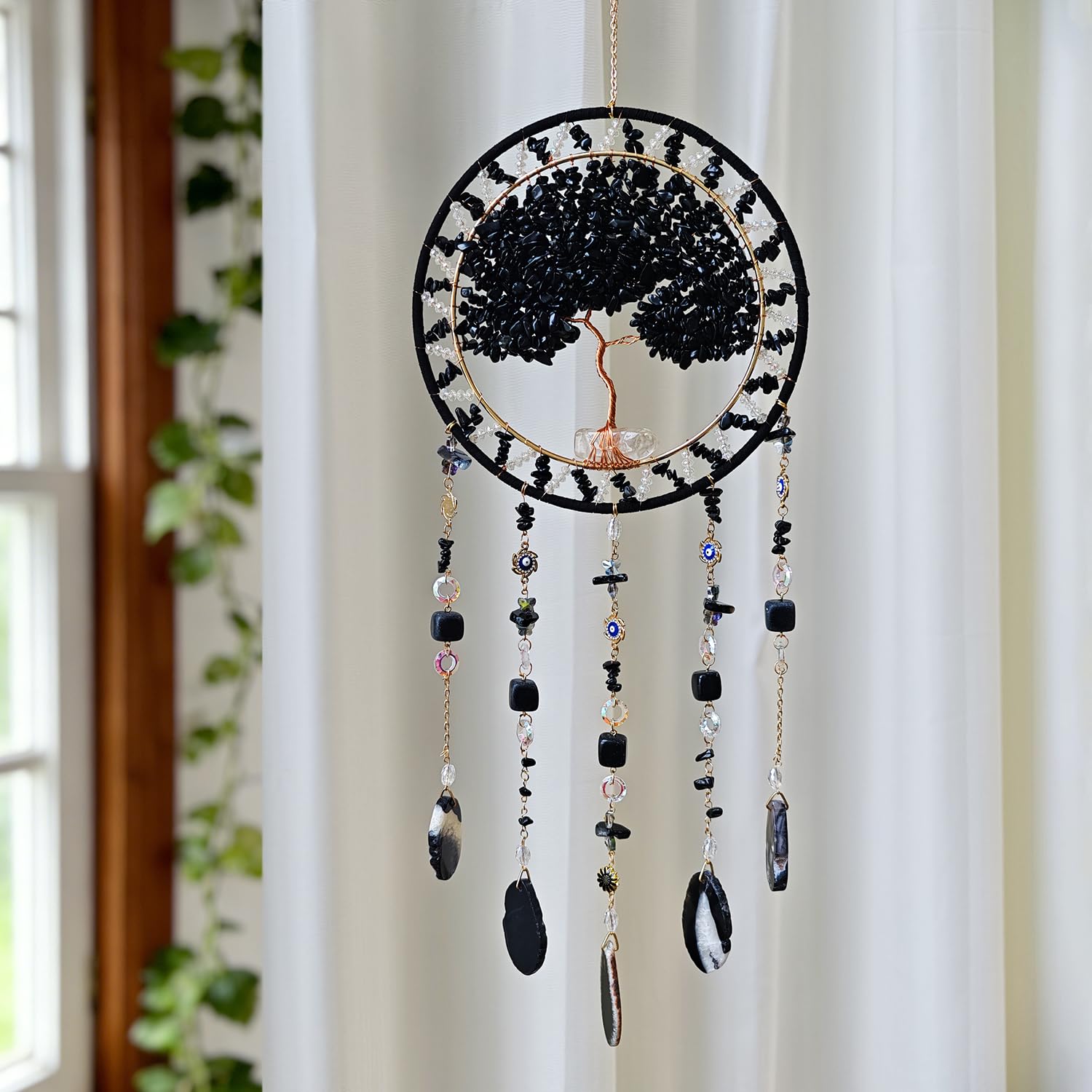 Tree Life Dream Catcher and Sun Catcher, Handmade Healing Crystal Boho Window Hanging for Home Decor, Rainbow Maker Wall Decor, for Women, Housewarming (Black)