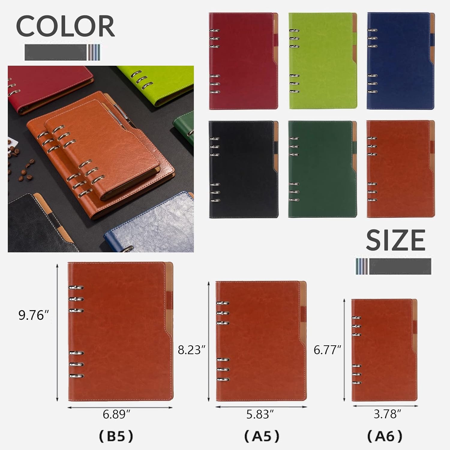 ubjva Personalized Journal, Custom PU Leather Notebook with Design, 6-Rings Refillable Binder Journals Diary Book for Business Students Individual - Style 4