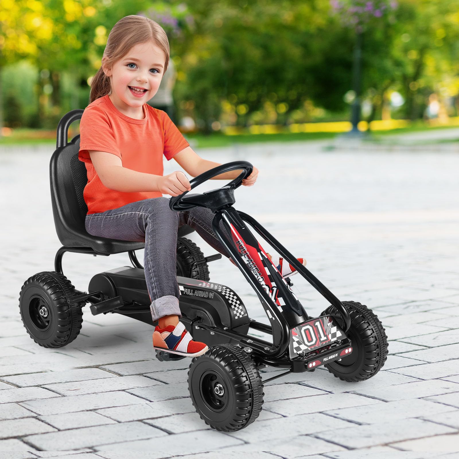 COSTWAY Gokart mit verstellbarem Sitz, Go Kart mit Handbremse, Tretauto bis 30 kg belastbar, Pedal Go Cart, Tretfahrzeug, Pedalfahrzeug, Kinderfahrzeug für Kinder ab 3 Jahren (Schwarz)