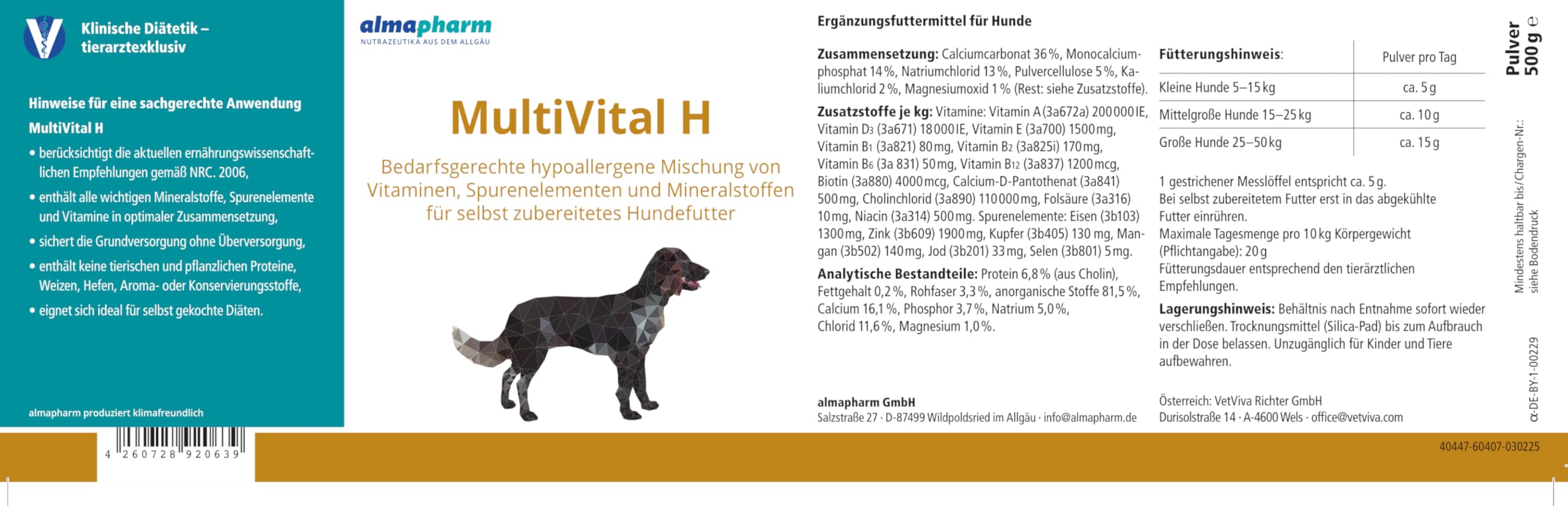 almapharm MultiVital H | 500 g | Ergänzungsfuttermittel für Hunde | Bedarfsgerechte hypoallergene Mischung von Vitaminen, Spurenelementen und Mineralstoffen