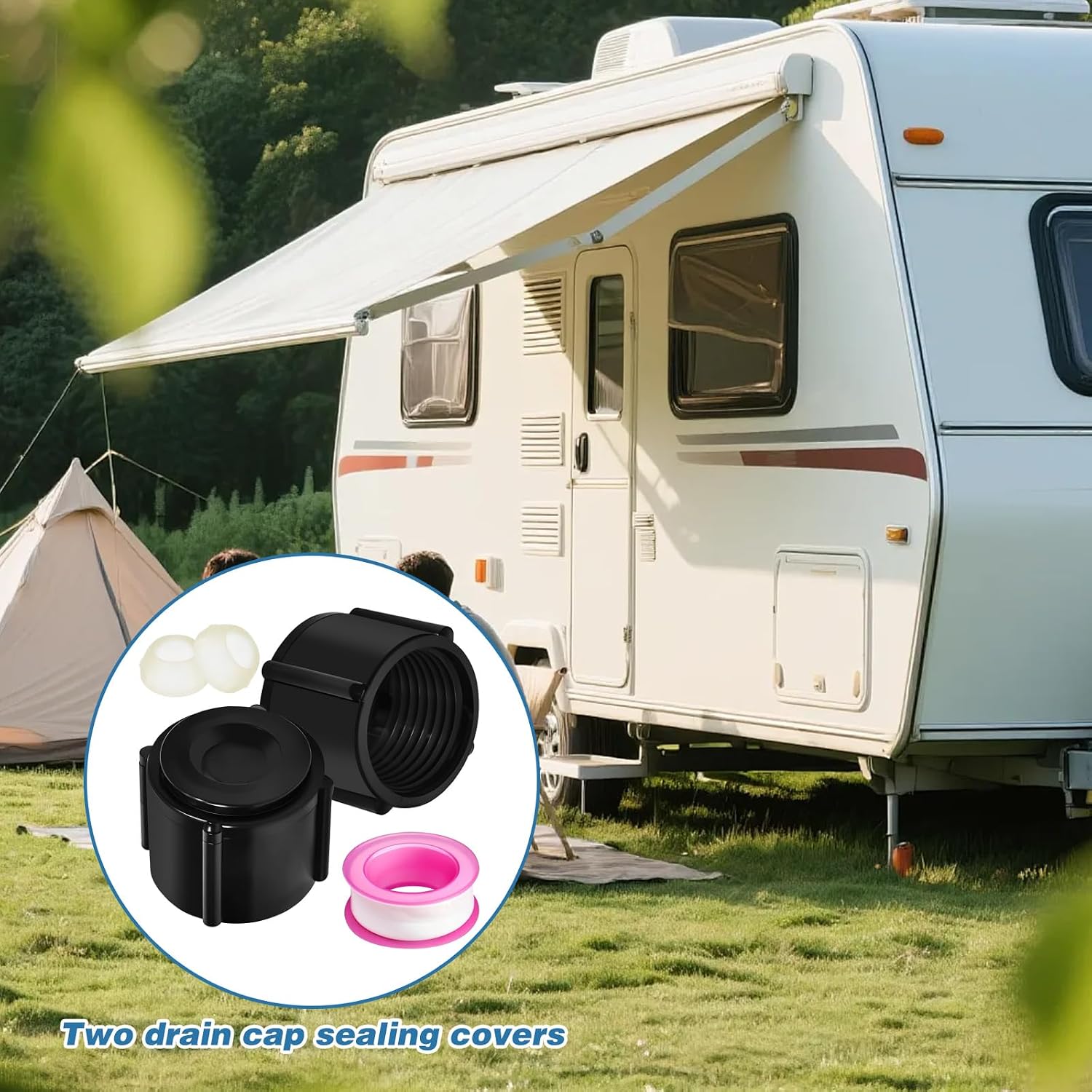 2Pcs Black Drain Cap Sealing Cover Comes with Seal and Tape, Long Service Life Good Material Suitable for Travel Trailers Rvs and Campers, Suitable for Pipe Fittings