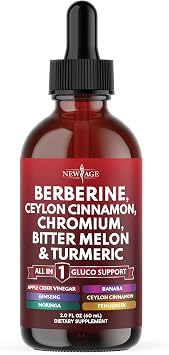 NEW AGE Berberine with Ceylon Cinnamon Supplement Liquid Drops + Bitter Melon Extract, Glucomannan, Gymnema, Chromium, Turmeric, Panax Ginseng, Moringa - 2 OZ