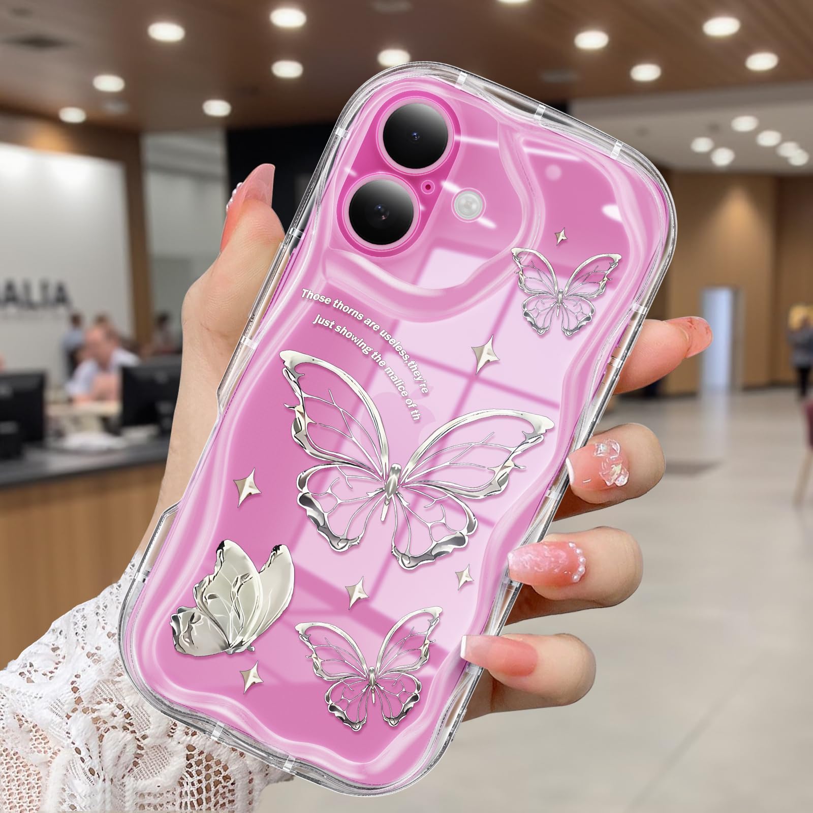 CASBST Compatible for iPhone 16 Case, Pretty Butterfly Print Three-dimensional Wave Clear Case for Girls Women, Soft Full Package Anti-fall Cover for iPhone 16, Silver Butterfly