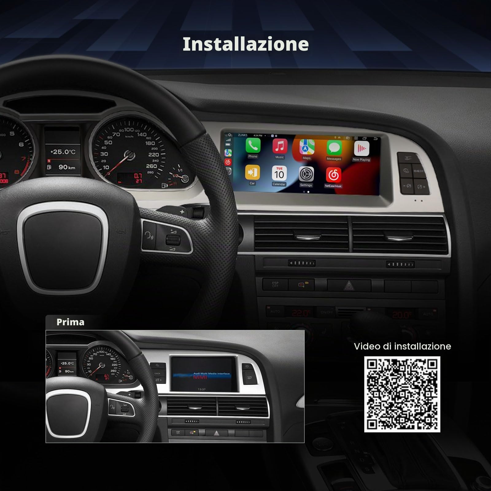 Erisin 8,8 pollici 8-Core 4GB+64GB Android 14 Autoradio 1 Din con Schermo GPS Navigatore per Audi A6 2005-2008 Supporta OEM MMI CarPlay Senza fili Android Auto Bluetooth WiFi DAB+ USB DSP Canbus SWC