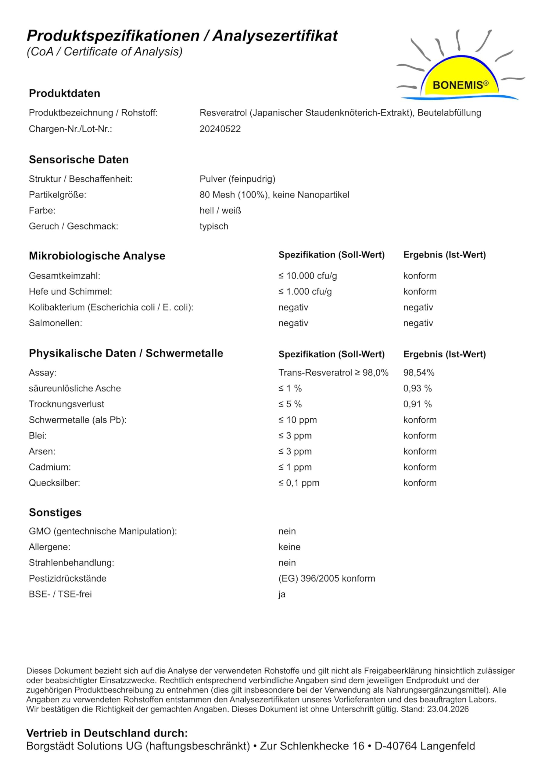 Trans-Resveratrol Pulver 98,1% nach HPLC, vegan, 50 g, ohne Zusätze