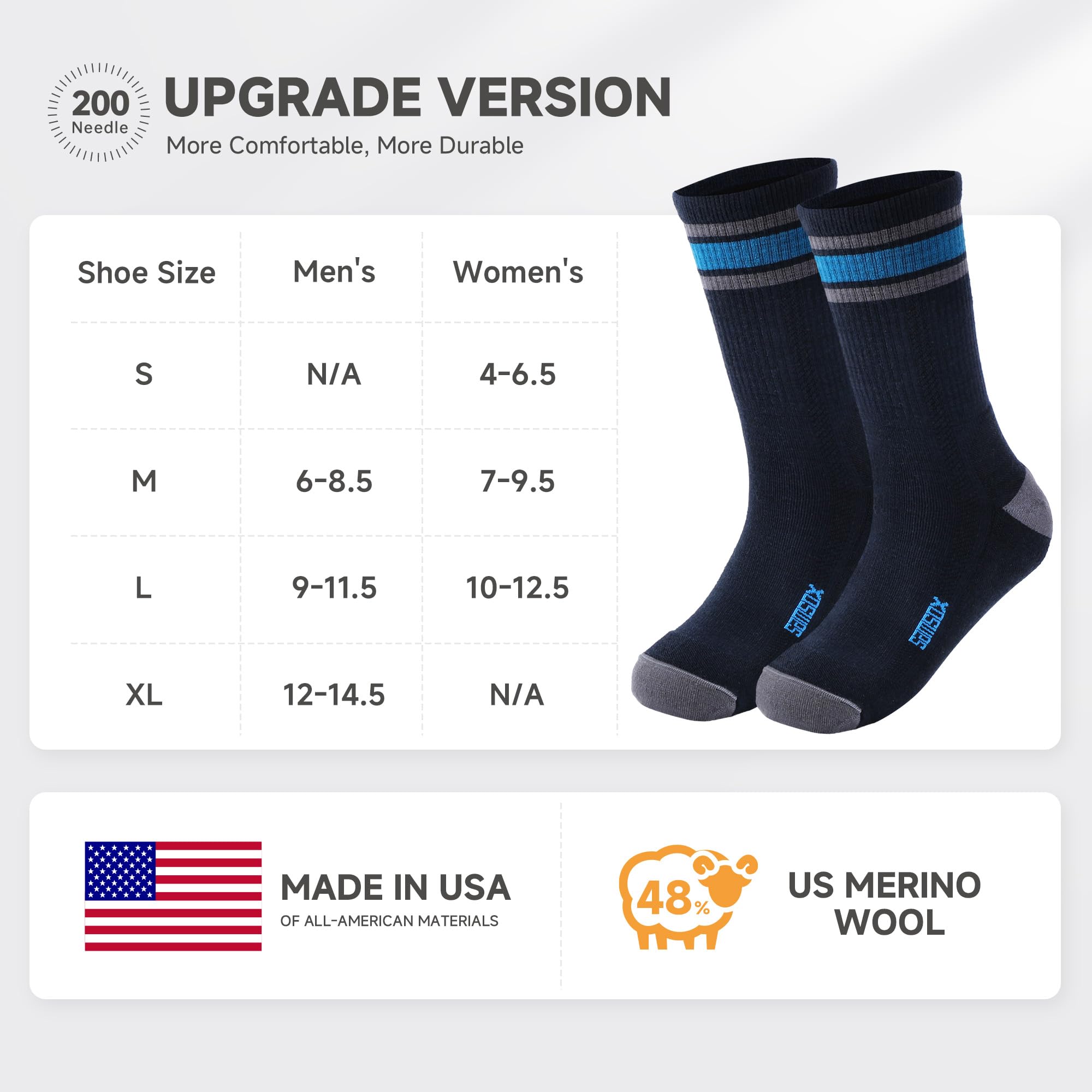 SAMSOX 2 Paar Wandersocken aus Merinowolle, hergestellt in den USA, Micro Crew mit Kissen, leichte Stiefelsocken für Herren und Damen (Nevada), total eclipse, Small
